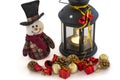 Snowman and lantern with christmas decors on white background