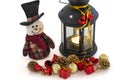 Snowman and lantern with christmas decors on white background Royalty Free Stock Photo