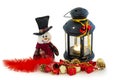 Snowman and lantern with christmas decors on white background Royalty Free Stock Photo