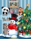 Snowman with a lantern and wearing a hat, red sweater and a red scarf with christmas tree and fire place Illustration Royalty Free Stock Photo