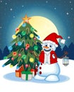 Snowman With A Lantern And Wearing A Santa Claus costume With Christmas Tree And Full Moon At Night Background For Your Design Vec Royalty Free Stock Photo