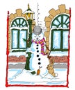 Snowman leaning against a lamppost with a rabbit