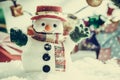 Snowman and light bulb stand among pile of snow at silent night, light up the hopefulness and happiness in Merry christmas and hap Royalty Free Stock Photo