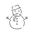 Snowman linear icon. Snow sculpture. Build with snowball. Christmas time festive decoration. Thin line customizable