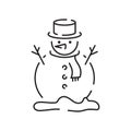 Snowman linear icon. Snow sculpture. Build with snowball. Christmas time festive decoration. Thin line customizable