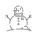 Snowman linear icon. Snow sculpture. Build with snowball. Christmas time festive decoration. Thin line customizable