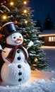 A Snowman Beside A Lit-Up Christmas Tree. Night. Snowy Weather. Front Sho. Generative AI Royalty Free Stock Photo