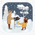 Snowman with Little Girl and her Granddad
