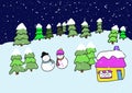 Snowman and pine forest in snowy night