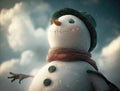 A snowman looking up into the sky expectantly waiting for Santas sleigh. Lifestyle concept. AI generation