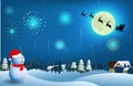 Set of realistic snowman with fireworks show isolated or cute snowman with santa hat on snowy background.