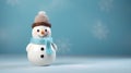 Snowman made by clay on blue sky with snowflake blur background for Christmas wallpaper background with text space.