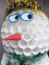 Snowman made of disposable plastic cups