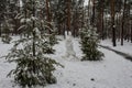 The snowman is made in the form of a rabbit. Winter park in Kyiv. Ukraine