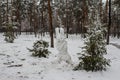 The snowman is made in the form of a rabbit. Winter park in Kyiv. Ukraine