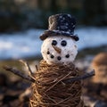 A snowman made out of rice and twigs, AI
