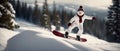 Snowman makes a jump on a snowboard on mountain slope