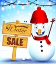 Snowman Mascot Winter Sale In A Wood Sign For Winter Promotion