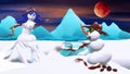 Snowman meets Snowgirl under red moon Royalty Free Stock Photo