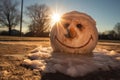 a snowman melting under the sun