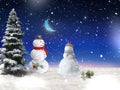 Snowman and  moon on starry sky winter snowy weather fairy night festive  Christmas tree  blue nature landscape background  greet Royalty Free Stock Photo