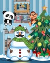 Snowman With Mustache Wearing Green Head Cover And Green Scarf with christmas tree and fire place Vector Illustration Royalty Free Stock Photo