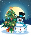 Snowman With Mustache Wearing A Hat And Blue Scarf With Christmas Tree And Full Moon At Night Background For Your Design Vector Il Royalty Free Stock Photo