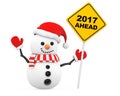 Snowman with 2017 New Year Ahead Sign. 3d Rendering