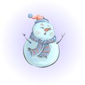 Snowman in orange hat and scarf singing a song. Snowman congratulates happy new year and merry Christmas.