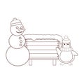 Snowman and penguin with blank wooden sign brown lines Royalty Free Stock Photo