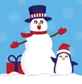 Snowman and penguin and gift box with snowflake background.
