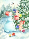 Christmas card snowman and piglets.