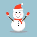Snowman, pink cheek. Santa claus hat, red scarf and snowflakes.