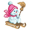 Snowman in a pink hat and scarf on a sled in his hand with a broom for the New Year, Christmas is drawn by squares, pixels Royalty Free Stock Photo