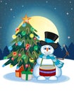 Snowman Playing Drums Wearing A Hat And A Blue Scarf With Christmas Tree And Full Moon At Night Background For Your Design Vector Royalty Free Stock Photo