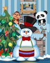 Snowman Playing Drums Wearing A Hat And A Bow Ties with christmas tree and fire place Vector Illustration