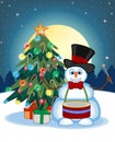 Snowman Playing Drums Wearing A Hat And A Bow Ties With Christmas Tree And Full Moon At Night Background For Your Design Vector Il