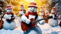 Snowman playing guitar in front of group of snowmen. Generative AI