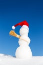 Snowman with a pointed cap and a broom in the snow