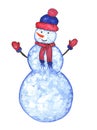 Snowman in red with blue hat, scarf and mittens. Winter cartoon character. Element for the design of New Year cards Royalty Free Stock Photo