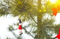 Snowman and red bows are hanging on Christmas pine tree. Natural photo in frozen forest. Happy holidays postcard. New year`s Royalty Free Stock Photo