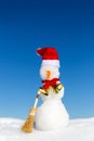 Snowman with a red cap and a broom in the snow