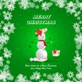 A snowman in a red cap emerges from a gift package on a green background and golden snowflakes. Festive greeting card for Christma Royalty Free Stock Photo