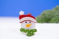 Snowman with a red cap and a green scarf on a snowy background and green trees. Christmas, New Year Royalty Free Stock Photo