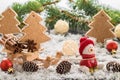 Snowman in a red cap on wooden table. Christmas or New Year composition with gifts and gingerbread cookies. Winter holiday Royalty Free Stock Photo