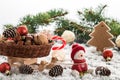 Snowman in a red cap on wooden table. Christmas or New Year composition with gifts and gingerbread cookies. Winter holiday Royalty Free Stock Photo