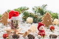 Snowman in a red cap on wooden table Royalty Free Stock Photo