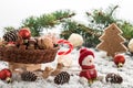 Snowman in a red cap on wooden table Royalty Free Stock Photo