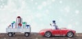 Snowman in Red Car Carrying Christmas Gifts 3d render Royalty Free Stock Photo