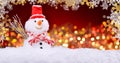 Small Snowman with red Christmas Lighs and Snowflake Frame Royalty Free Stock Photo